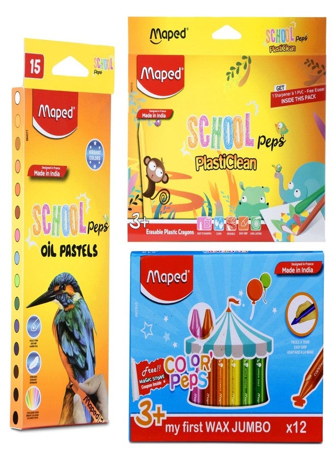 MAPED Colouring Kit Set of 3|15 Erasable Plastic Crayons + 12Jumbo Wax Crayons + 15 Oil Pastels|Mega Coloring Combo|Gift pack for Kids-Ideal birthday, return gift, or festive gift option - Image 1